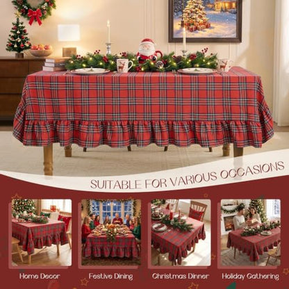 Romanstile Christmas Red Plaid Ruffled Tablecloth 60x120 Inch Rectangular - Holiday Decor