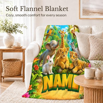 Personalized Kids Blanket for Boys - Animal Design, Yellow, Custom Name Gift