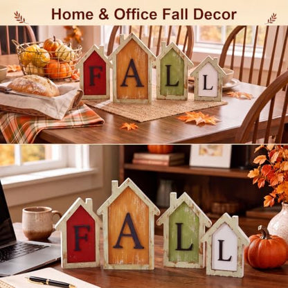 Fall Wooden House Signs Set - Rustic Farmhouse Autumn Decor for Table Mantel Kitchen