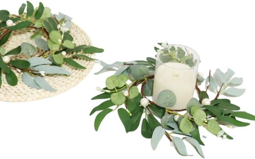 Greenery Candle Rings by [Brand Name] - 4-Inch Artificial Eucalyptus Wreaths with Pearl Berries | Boho Decor for Weddings & Home