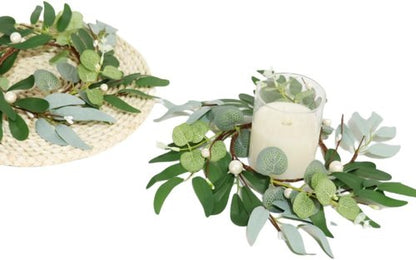 Greenery Candle Rings by [Brand Name] - 4-Inch Artificial Eucalyptus Wreaths with Pearl Berries | Boho Decor for Weddings & Home