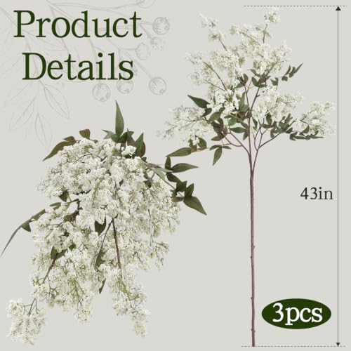 White Artificial Nandina Berry Stems - 43 Inch Faux Floral Branches, 3 Pack