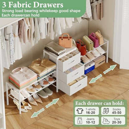 Expandable Closet Organizer with 3 Drawers, White, 47.2-71.5W x 11.4D x 24H
