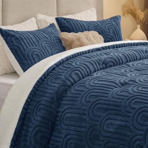 Arch Navy Sherpa Comforter Set Queen - Warm & Fluffy Bed Bedding