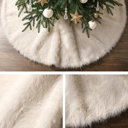 60 Inch White Faux Fur Christmas Tree Skirt - Extra Large Snow White Holiday Decor