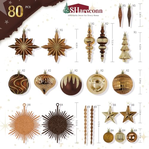 Christmas Tree Ornaments Set - Brown Copper Gold, 80 Pieces, Shatterproof Decorative Balls