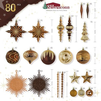 Christmas Tree Ornaments Set - Brown Copper Gold, 80 Pieces, Shatterproof Decorative Balls