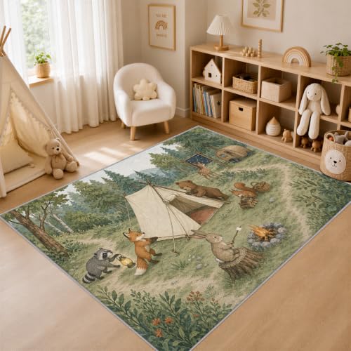Sage Green and Cream Woodland Camping Area Rug 3x5 - Kids Playroom Decor