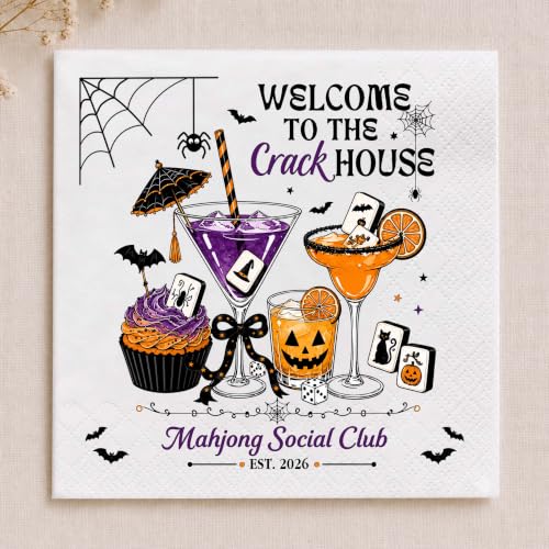 Personalized Halloween Mahjong Cocktail Napkins - Spooky Bat & Mahjong Party Decor