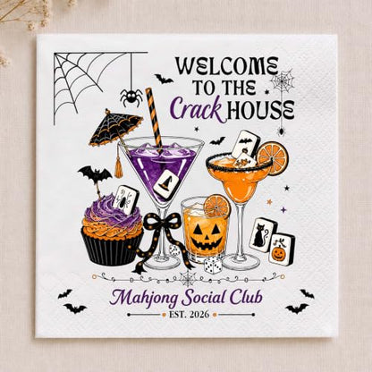 Personalized Halloween Mahjong Cocktail Napkins - Spooky Bat & Mahjong Party Decor
