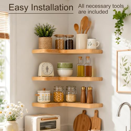 Floating Corner Shelves Solid Pinewood Wall Mounted Shelf - Natural, 3 Pieces