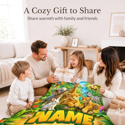 Personalized Kids Blanket for Boys - Animal Design, Yellow, Custom Name Gift