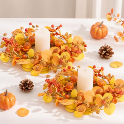 Thanksgiving Mini Eucalyptus Wreath Set - 2 Pcs Fall Decor with Plaid Ribbons