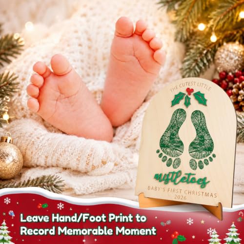 Baby Footprint Keepsake Wooden Sign - Personalized Christmas Mistletoes Footprint Decoration Xmas Footprint