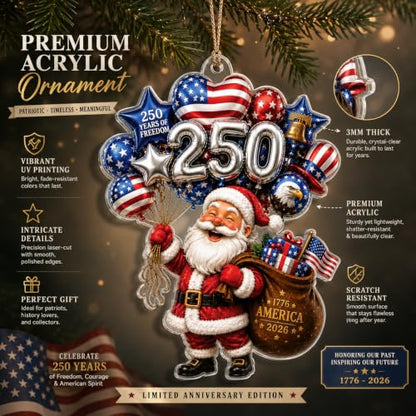 Santa Christmas Ornament - Patriotic 250th Anniversary Keepsake - Festive Tree Decoration