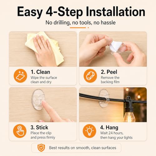 Clear Outdoor String Lights Adhesive Hooks - 40Pcs Heavy Duty Clips