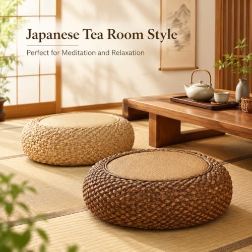 Japanese Floor Pillow Tatami Meditation Cushion Khaki 15.7x15.7x6.7 inches – Natural Woven Rattan Support