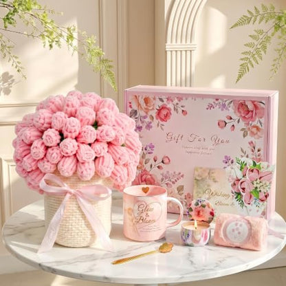 Pink Flower Blanket Gift Set for Women - Self Care Basket with Mug Candle Towel