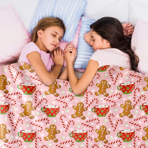 Pink Christmas Fuzzy Blanket Gingerbread Man & Candy Cane Throw 50x60 Inches