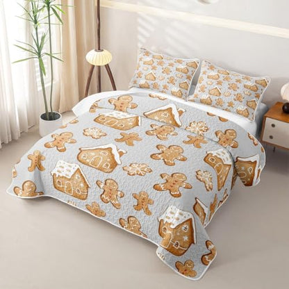 Feelyou Christmas Quilt Set Queen Size Ash Gray & Warm Tan Lightweight Bedspread