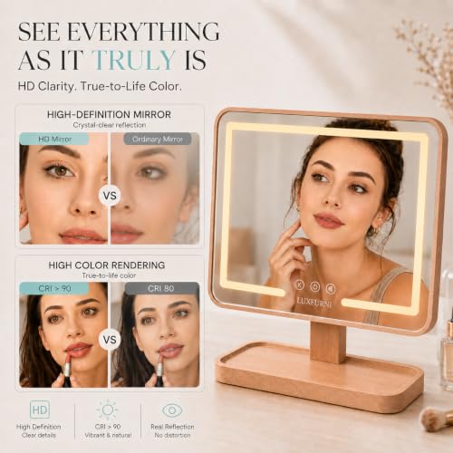 Solid Wood Vanity Mirror with Lights and Storage Tray - Rechargeable