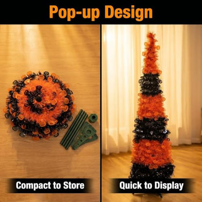 5ft Collapsible Halloween Tinsel Tree Black and Orange Reusable Pop-Up Decor