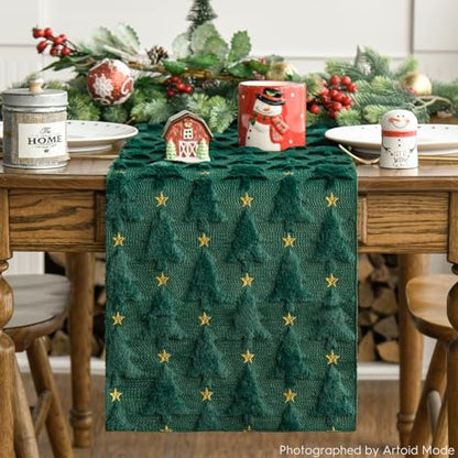 Christmas Table Runner 13x60 Inch Green Plush Faux Fur Jacquard Holiday Decor - Green & Gold Variation