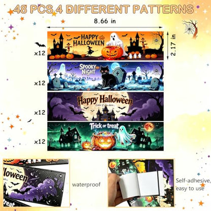 Halloween Waterproof Water Bottle Stickers - Pumpkin Ghost Witch Wraps, Party Decor, 48 Pieces