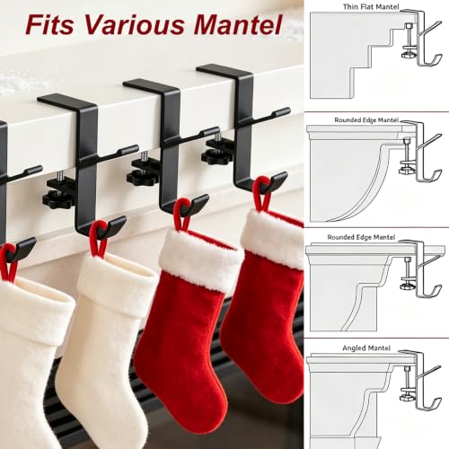 Black 4 Pack Adjustable Clamp-On Stocking Holders for Mantel Christmas Garland