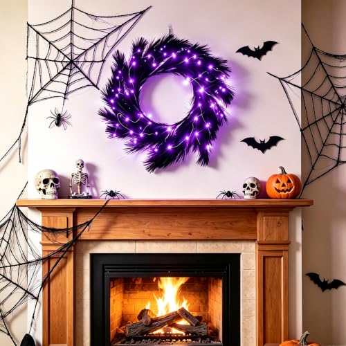 26-Inch Halloween Wreath with Lights, Black Pampas Decor, Boho Front Door Decoration