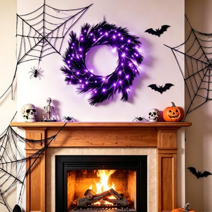 26-Inch Halloween Wreath with Lights, Black Pampas Decor, Boho Front Door Decoration