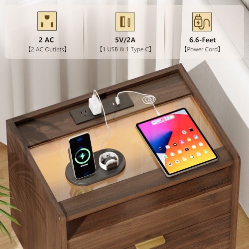 iPormis Walnut Fluted Nightstand with Charging Station, 2 Drawers & LED Glass – Walnut