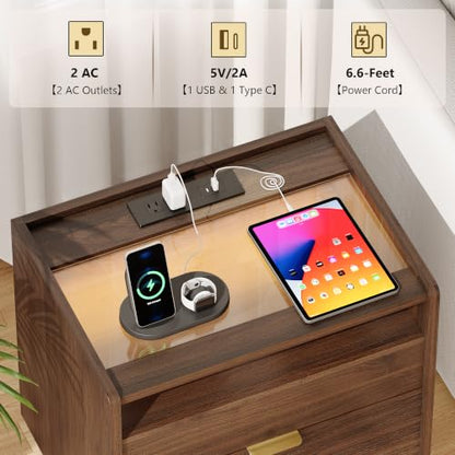 iPormis Walnut Fluted Nightstand with Charging Station, 2 Drawers & LED Glass – Walnut