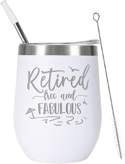 ELEGANTPARK Retirement Gifts for Women 2026, Retired Free and Fabulous 12oz Insulated Wine Tumbler with Lid & Straw, Funny Farewell Milestone Gift for Teacher Nurse Mom Boss Coworker, White
