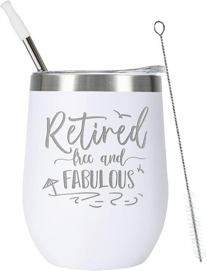 ELEGANTPARK Retirement Gifts for Women 2026, Retired Free and Fabulous 12oz Insulated Wine Tumbler with Lid & Straw, Funny Farewell Milestone Gift for Teacher Nurse Mom Boss Coworker, White
