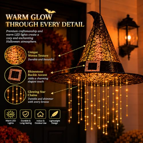 Halloween Hanging Witch Hat with Lights - Black 1PC with Cascading Star Tassels