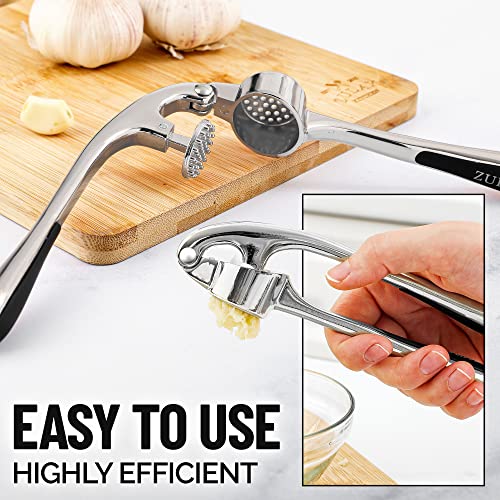 Zulay Kitchen Premium Garlic Press Set - Rust Proof & Dishwasher Safe Professional Garlic Mincer Tool - Easy-Squeeze, Easy-Clean with Soft, Ergonomic Handle - Silicone Garlic Peeler & Brush (Chrome)