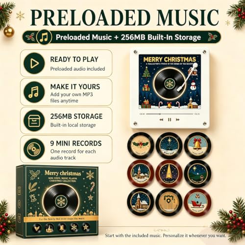 ACMONEY Christmas Vinyl Player Fridge Music Box Set - NFC Magnetic Mini Turntable - 1 Set-A