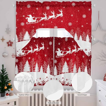 Christmas Reindeer Window Curtain Set with Valances - Red & White, 3 Pieces, 27.5"W x 36"L, Holiday Decor