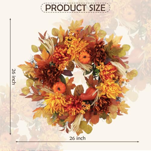 26-Inch Fall Wreath with Dahlia Pumpkin Berries - Autumn Harvest Front Door Decor - Golden Maple Variation