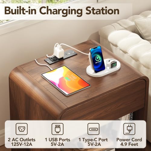 Decofy Walnut Nightstand Set of 2 with Built-In Charging Station, 1 Drawer, Modern Design