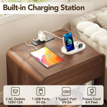 Decofy Walnut Nightstand Set of 2 with Built-In Charging Station, 1 Drawer, Modern Design