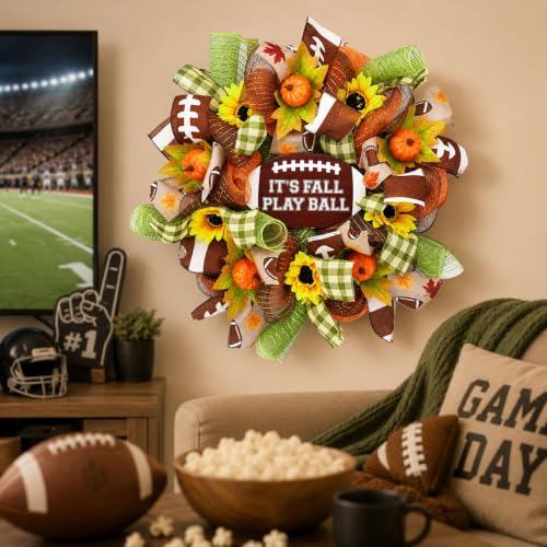 Thanksgiving Football Wreath for Front Door Fall Decor with Sunflowers Pumpkins