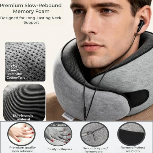 Travel Neck Pillow Memory Foam Support - Light Gray, Ergonomic Design