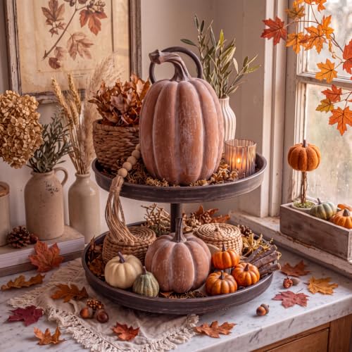 Artificial Resin Fall Pumpkin Decor Set - Terracotta Finish, 2 Pieces