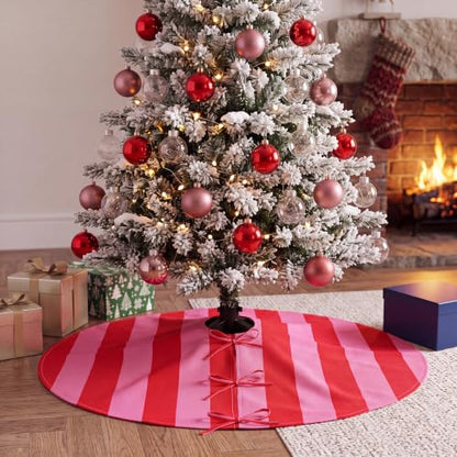 36-Inch Pink and Red Christmas Tree Skirt with Bow Ties - Holiday Decor