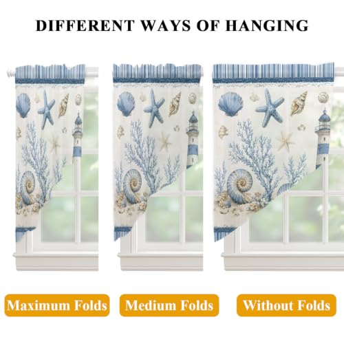 Coastal Blue Nautical Sheer Curtains Set 36x45 Inches with 2 Panels - Lighthouse & Conch Coral Design