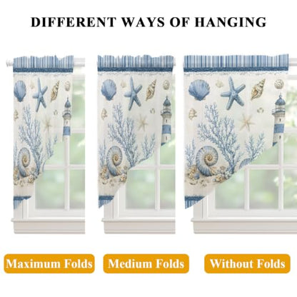Coastal Blue Nautical Sheer Curtains Set 36x45 Inches with 2 Panels - Lighthouse & Conch Coral Design