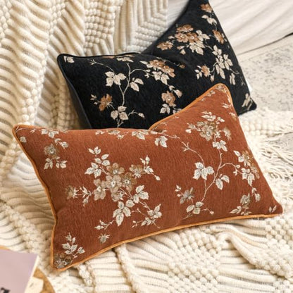 Alerfa Orange Neutral Floral Chenille Pillow Cover 12 x 20 Inch - Farmhouse Decorative Cushion Cover - Pack of 1