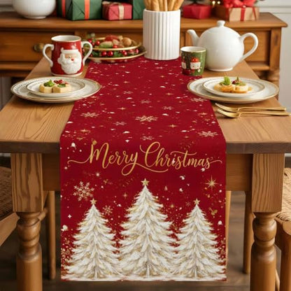 Christmas Tree Table Runner 72 Inches Long - Red Gold Beige Xmas Decor, Snowflake Sparkle Cotton Linen